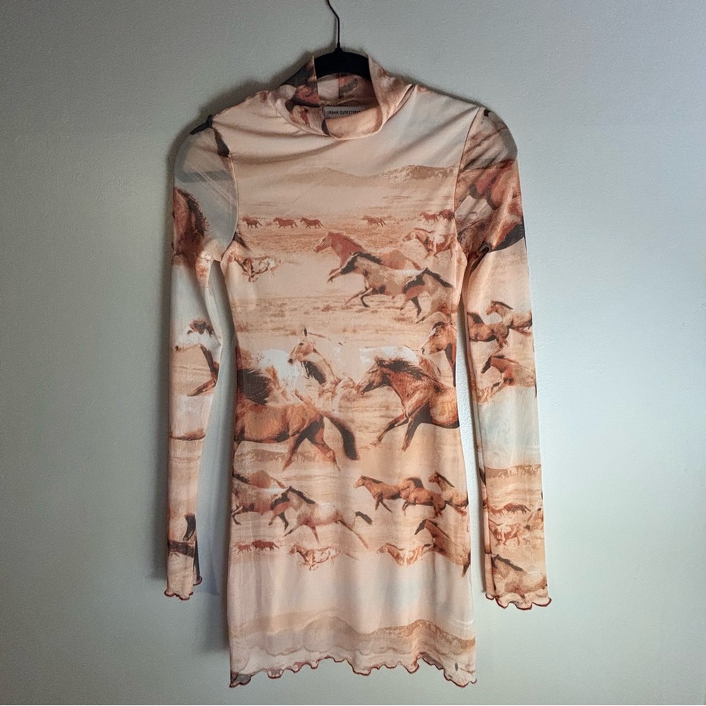 Urban Outfitters Peach & Brown Mesh Mini Dress with Horse Motif